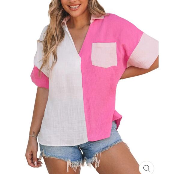 Entro Tops - Entro Womens Top M White Pink Color Block Crinkle A Line Retro Classic Preppy